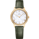 30 mm, yellow gold on leather strap