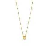 Gold necklace with a small hook em hand symbol pendant on a white background