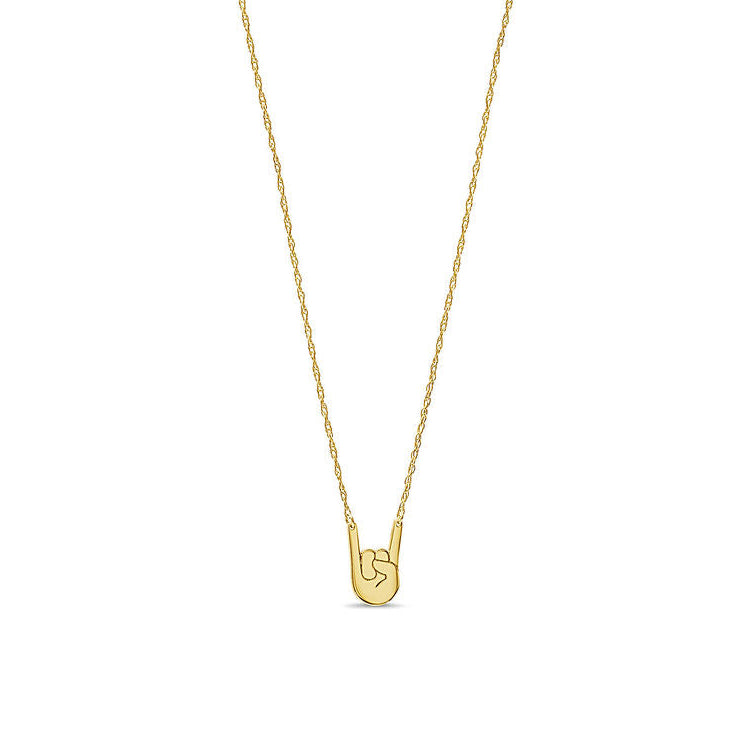 Gold necklace with a small hook em hand symbol pendant on a white background