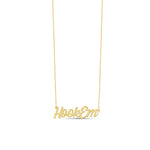 Gold necklace with 'HookEm' pendant on a white background