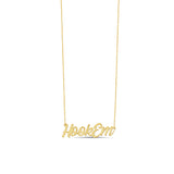 Gold necklace with 'HookEm' pendant on a white background