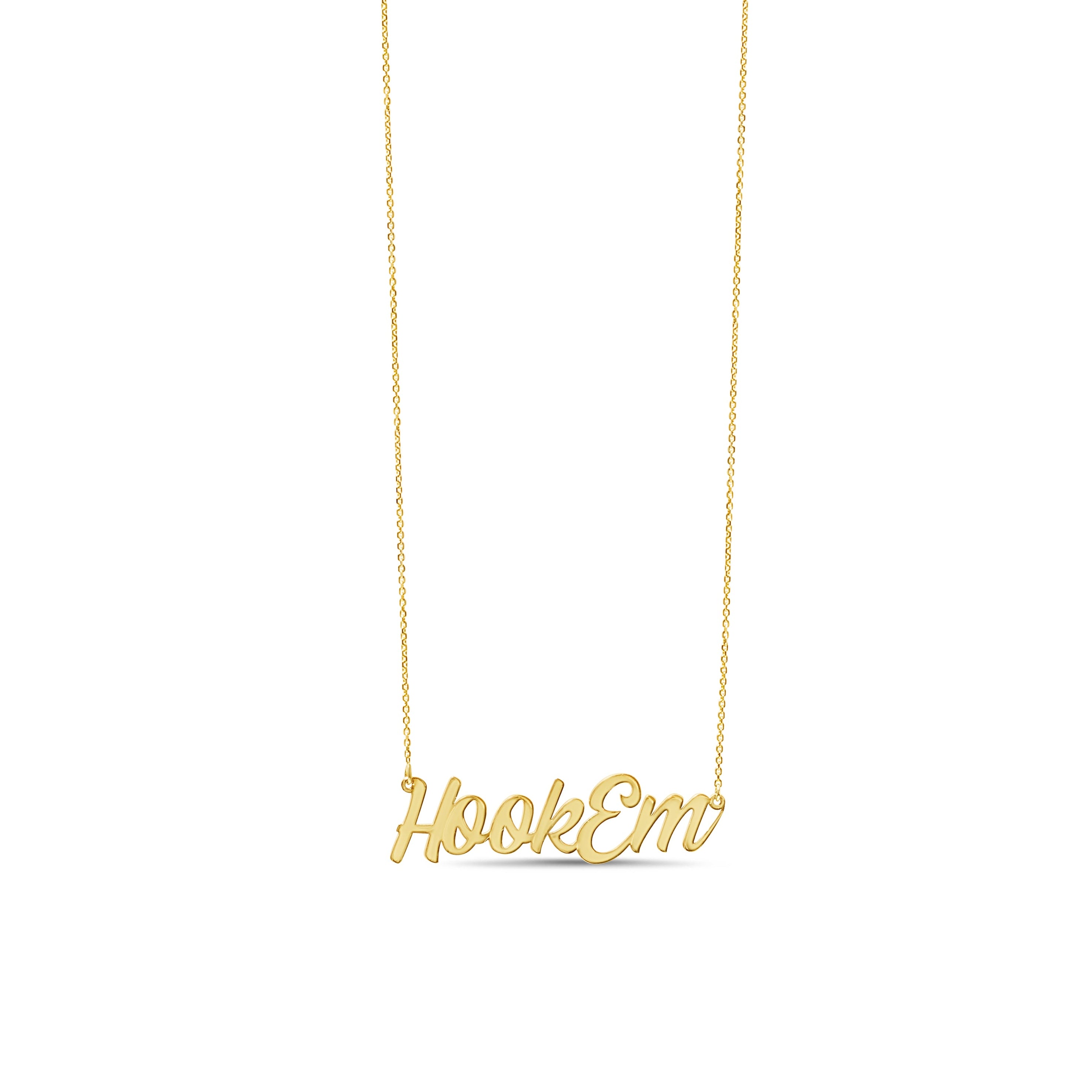 Gold necklace with 'HookEm' pendant on a white background