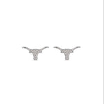 Pair of white gold longhorn stud earrings on a white background