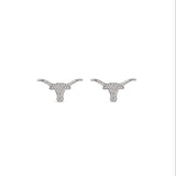 Pair of white gold longhorn stud earrings on a white background