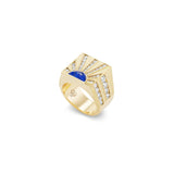 Gold and Diamond Sun Ray Signet Ring with Lapis