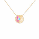 Found Small Turquoise and Sapphire Disk Pendant Necklace