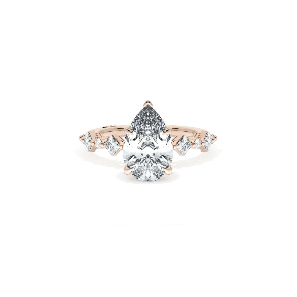 Sculpted Crescent Solitaire Engagement Ring with Alternating Carre & Round Diamond Band