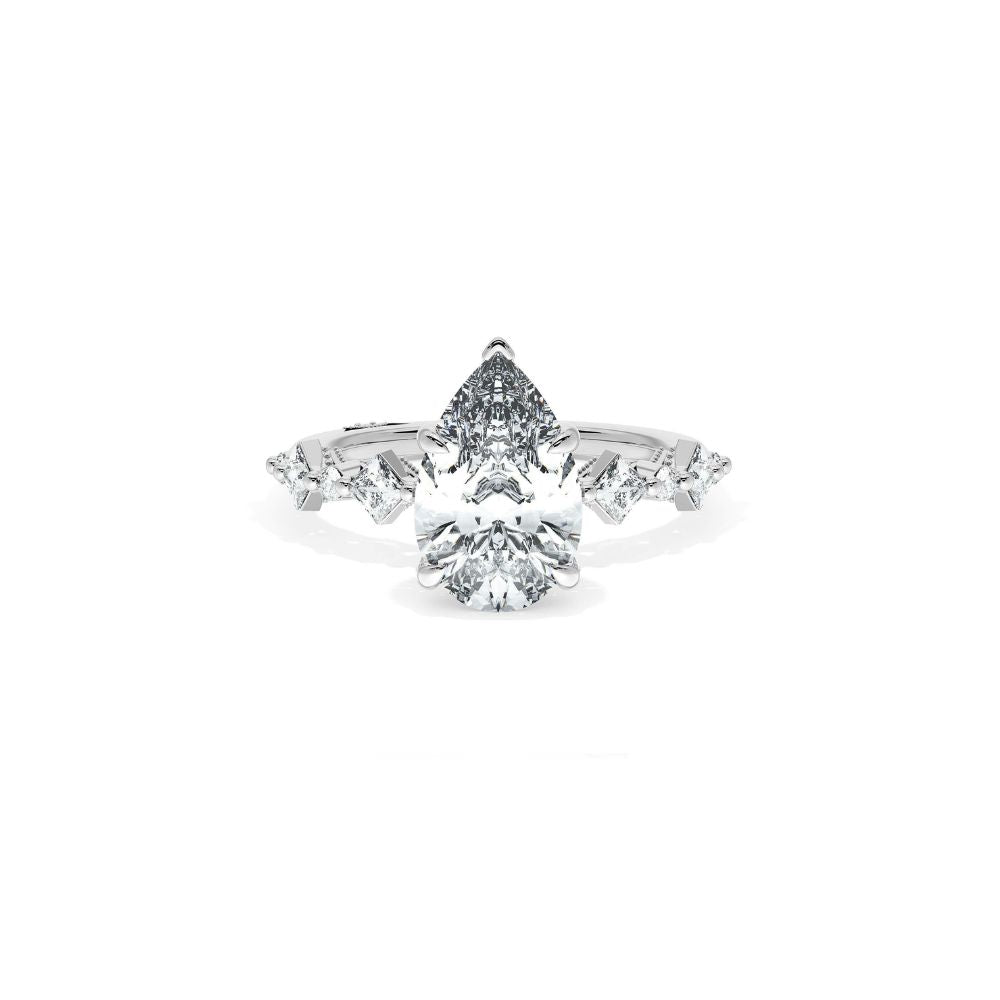 Sculpted Crescent Solitaire Engagement Ring with Alternating Carre & Round Diamond Band