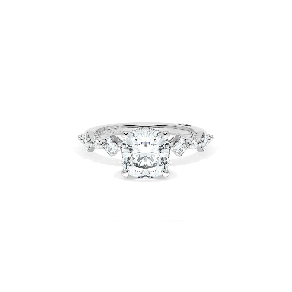Sculpted Crescent Solitaire Engagement Ring with Alternating Carre & Round Diamond Band