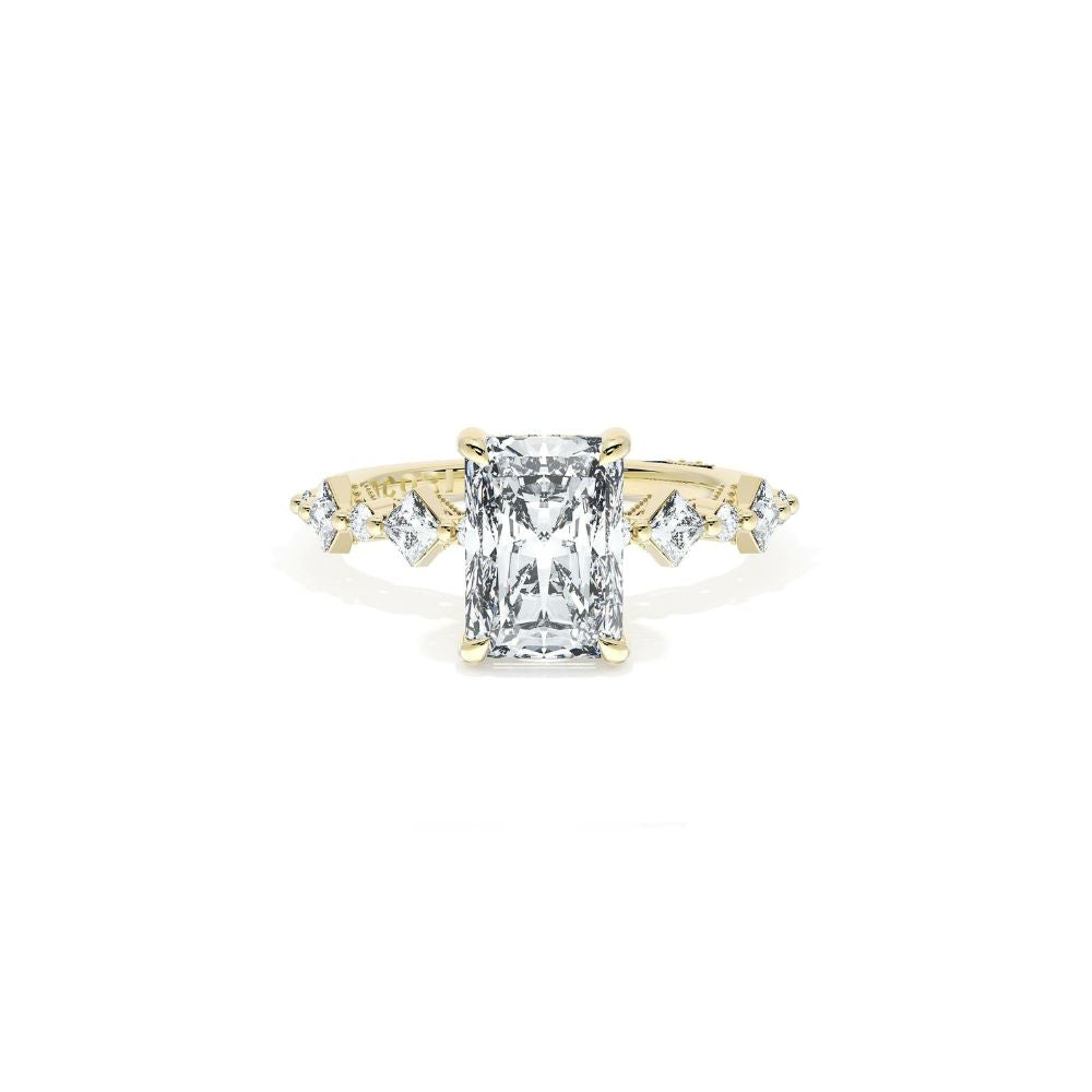 Sculpted Crescent Solitaire Engagement Ring with Alternating Carre & Round Diamond Band