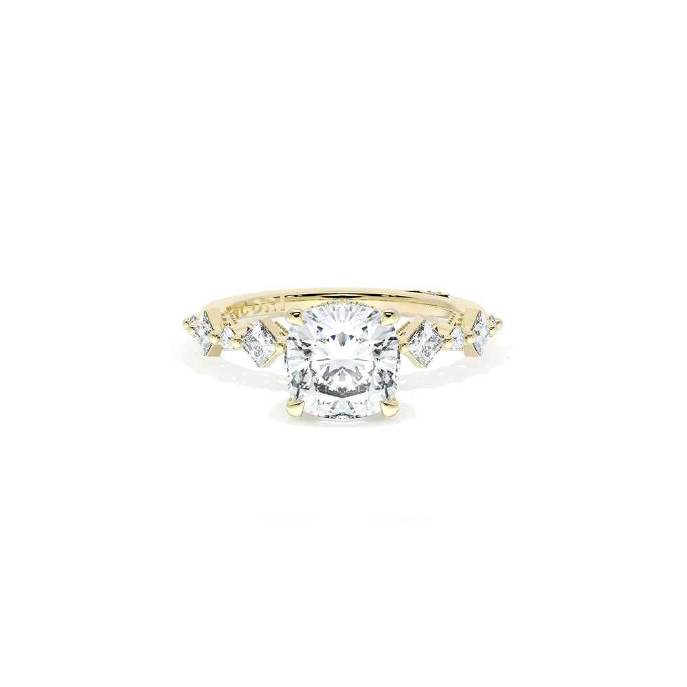 Sculpted Crescent Solitaire Engagement Ring with Alternating Carre & Round Diamond Band
