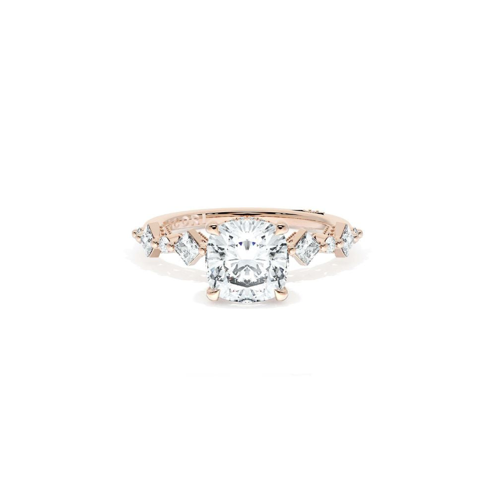 Sculpted Crescent Solitaire Engagement Ring with Alternating Carre & Round Diamond Band