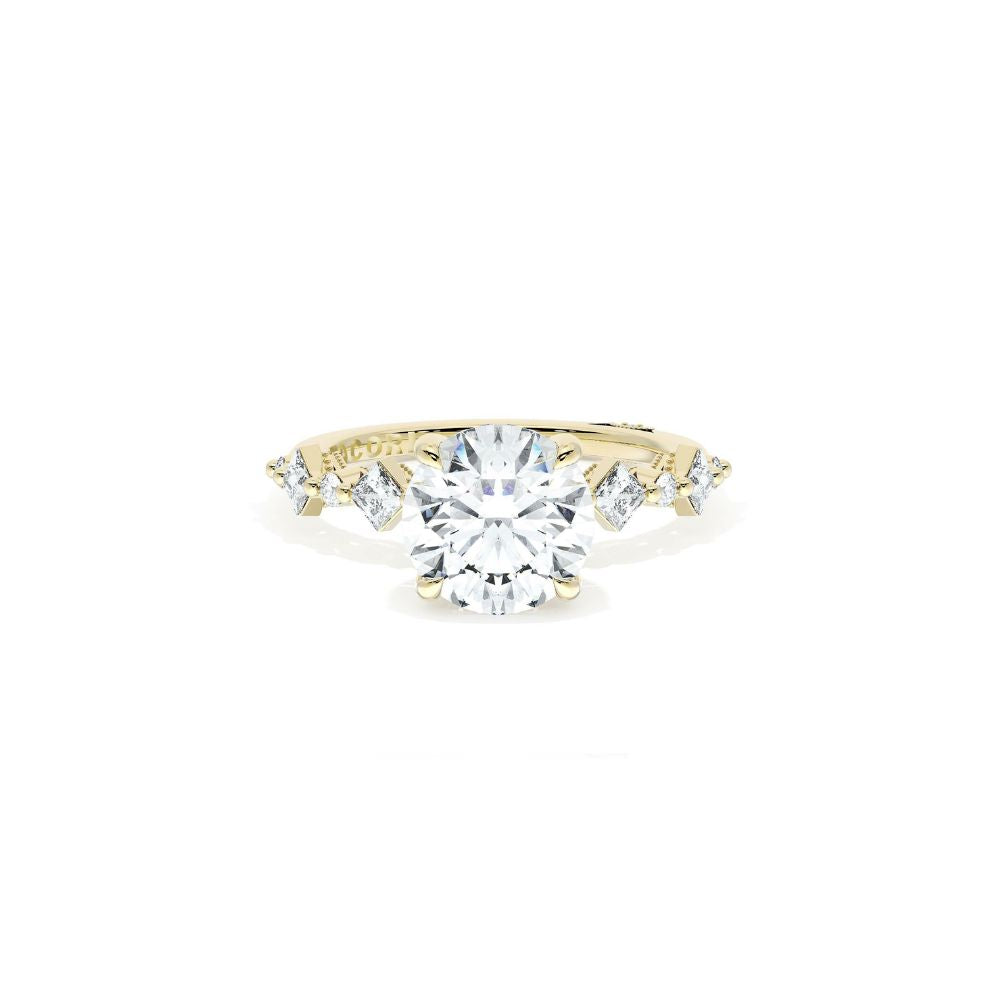 Sculpted Crescent Solitaire Engagement Ring with Alternating Carre & Round Diamond Band