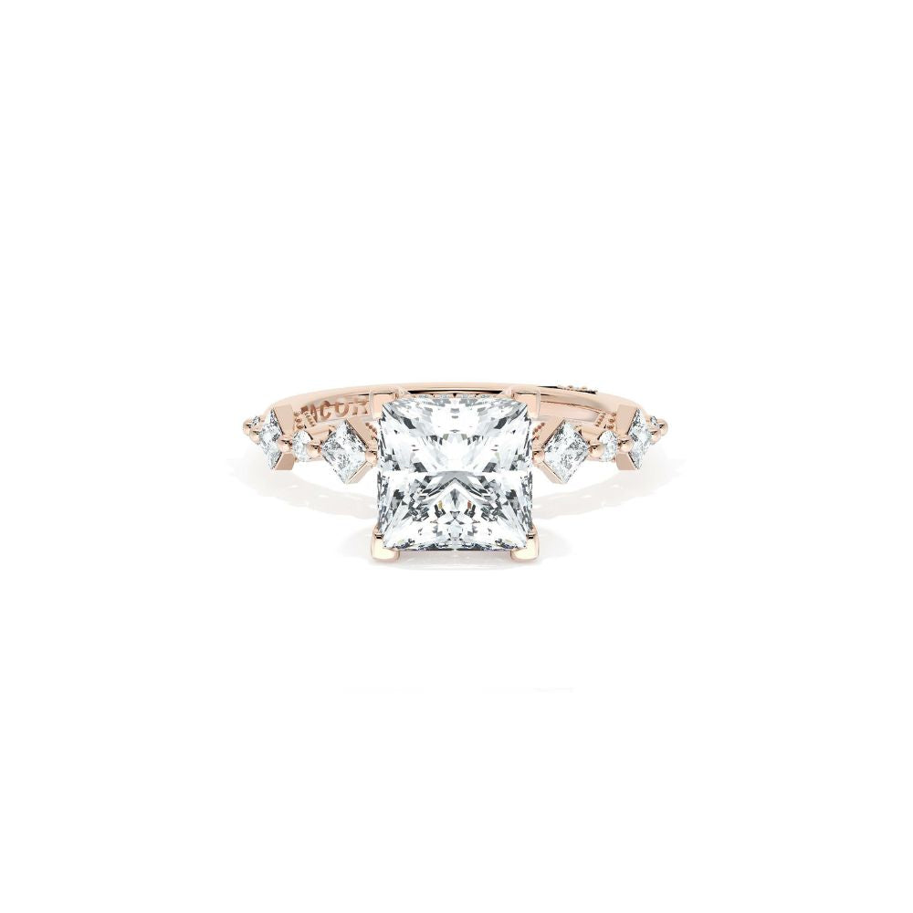 Sculpted Crescent Solitaire Engagement Ring with Alternating Carre & Round Diamond Band