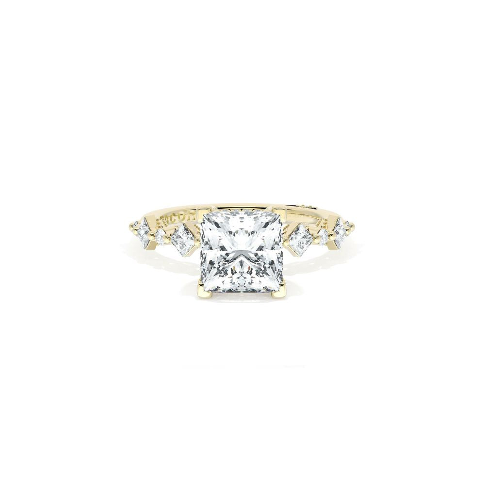 Sculpted Crescent Solitaire Engagement Ring with Alternating Carre & Round Diamond Band