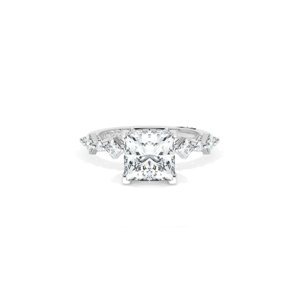 Sculpted Crescent Solitaire Engagement Ring with Alternating Carre & Round Diamond Band