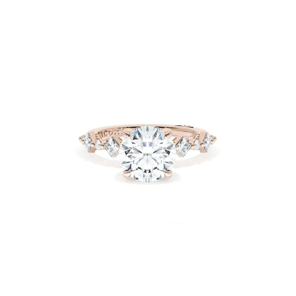 Sculpted Crescent Solitaire Engagement Ring with Alternating Carre & Round Diamond Band