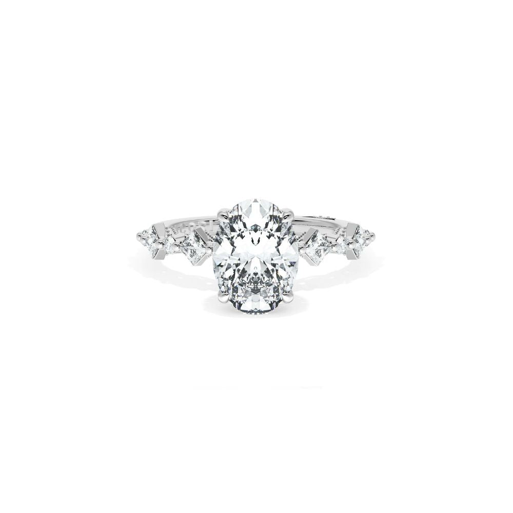 Sculpted Crescent Solitaire Engagement Ring with Alternating Carre & Round Diamond Band