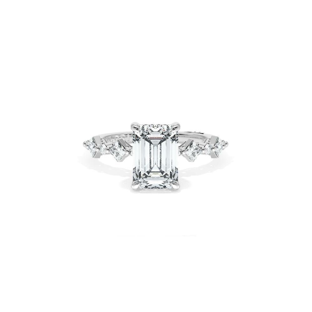 Sculpted Crescent Solitaire Engagement Ring with Alternating Carre & Round Diamond Band