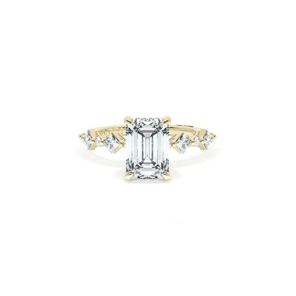 Sculpted Crescent Solitaire Engagement Ring with Alternating Carre & Round Diamond Band