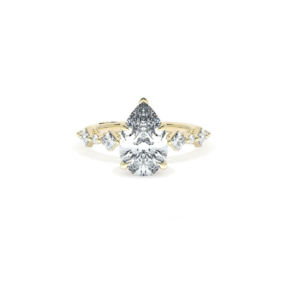 Sculpted Crescent Solitaire Engagement Ring with Alternating Carre & Round Diamond Band