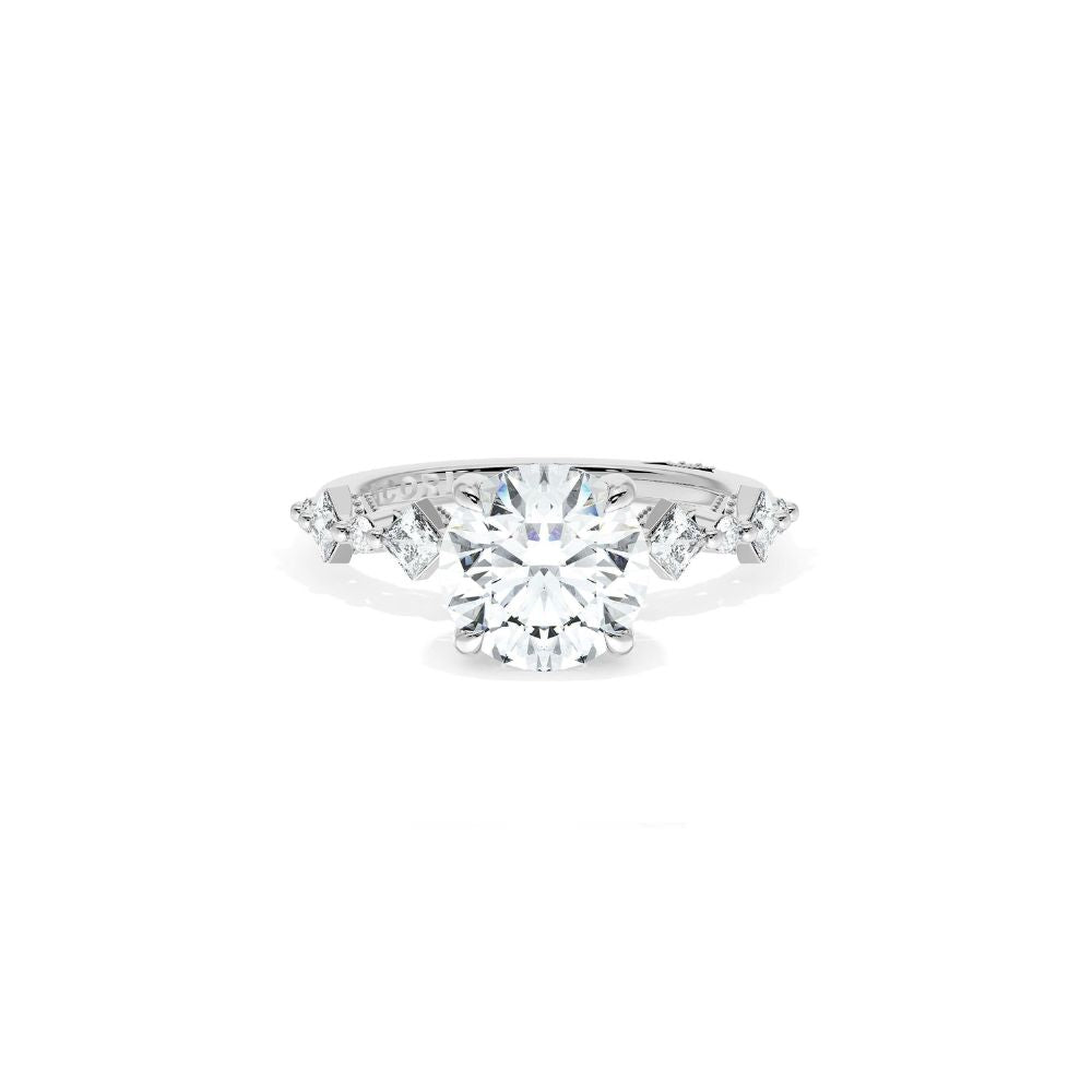 Sculpted Crescent Solitaire Engagement Ring with Alternating Carre & Round Diamond Band
