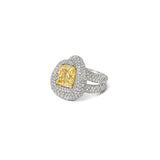 Cushion-Cut Yellow Diamond Ring with Sculpted Pavé Halo