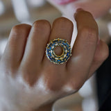 Saturn Moons Ring with Blue Sapphire & White Diamond Baguettes