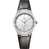 34 mm, steel on leather strap