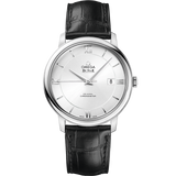 39.5 mm, steel on leather strap