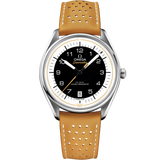 39.5 mm, steel on leather strap