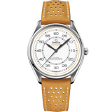 39.5 mm, steel on leather strap