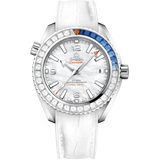 39.5 mm, white gold on leather strap with rubber lining