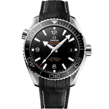 43.5 mm, steel on leather strap with rubber lining