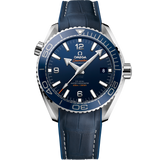 43.5 mm, steel on leather strap with rubber lining