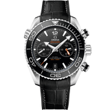 45.5 mm, steel on leather strap with rubber lining