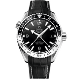 43.5 mm, steel on leather strap with rubber lining