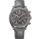 44.25 mm, grey ceramic on leather strap with foldover clasp