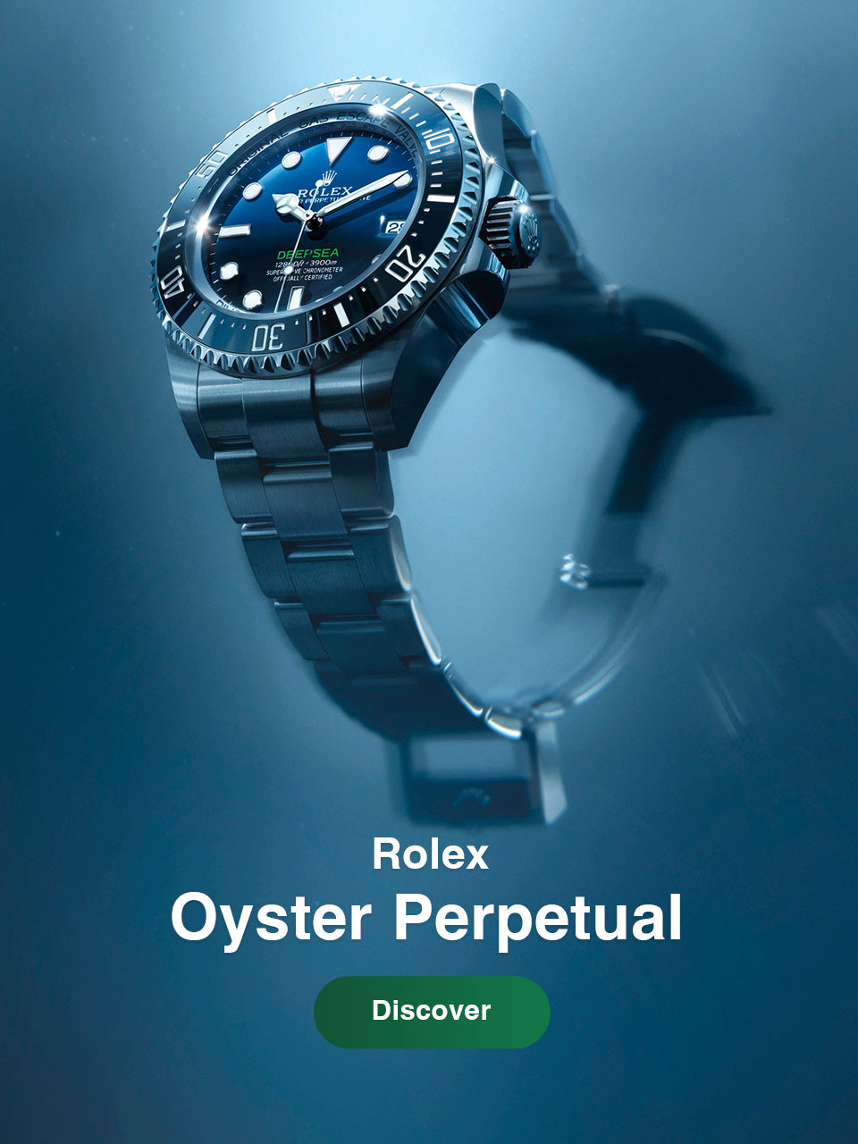 A Rolex Oyster Perpetual watch with a dark blue dial and metal bracelet, shown floating against a blue underwater-style background with the text 'Rolex Oyster Perpetual' and a green 'Discover' button.